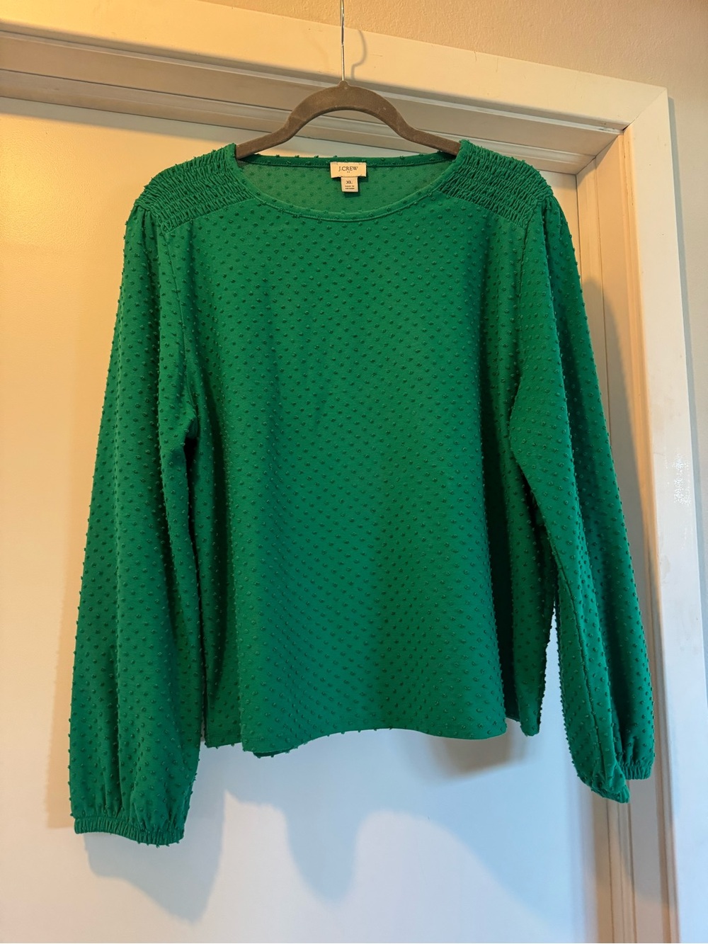 J. Crew Emerald Green Swiss Dot Long-Sleeve Top